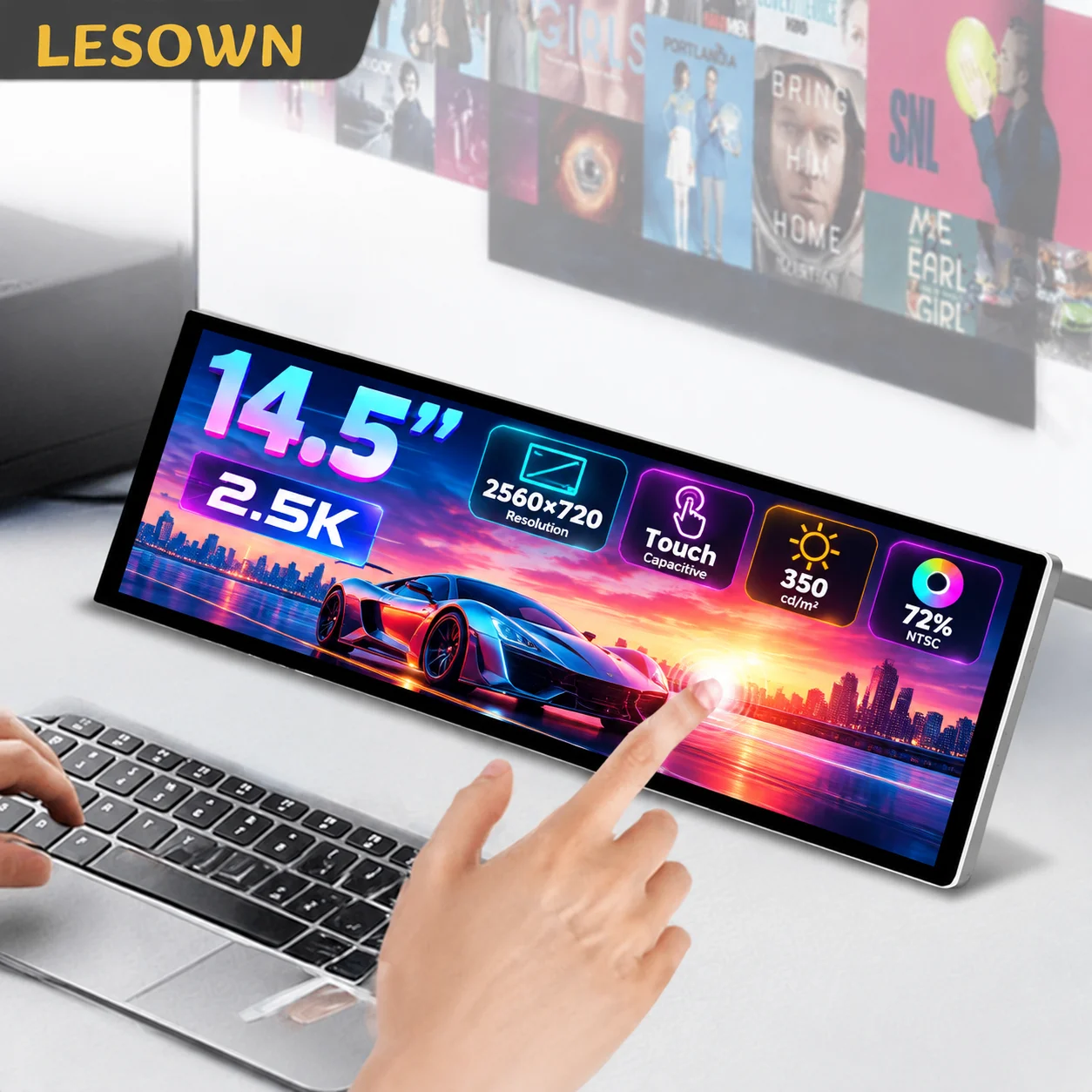 LESOWN 14.5/12.3 Inch Stretched Bar Touchscreen LCD Monitor Type-C HDTV 60Hz VESA 75 M4 with Speakers for PC Sensor Panel