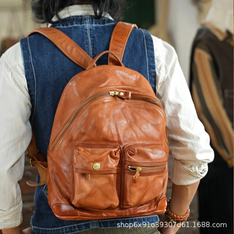 Mochila de couro genuíno para homens e mulheres, mochila ferradura de camada superior, estilo casual rua europeia, ferragens de cobre artesanais, acampamento ao ar livre