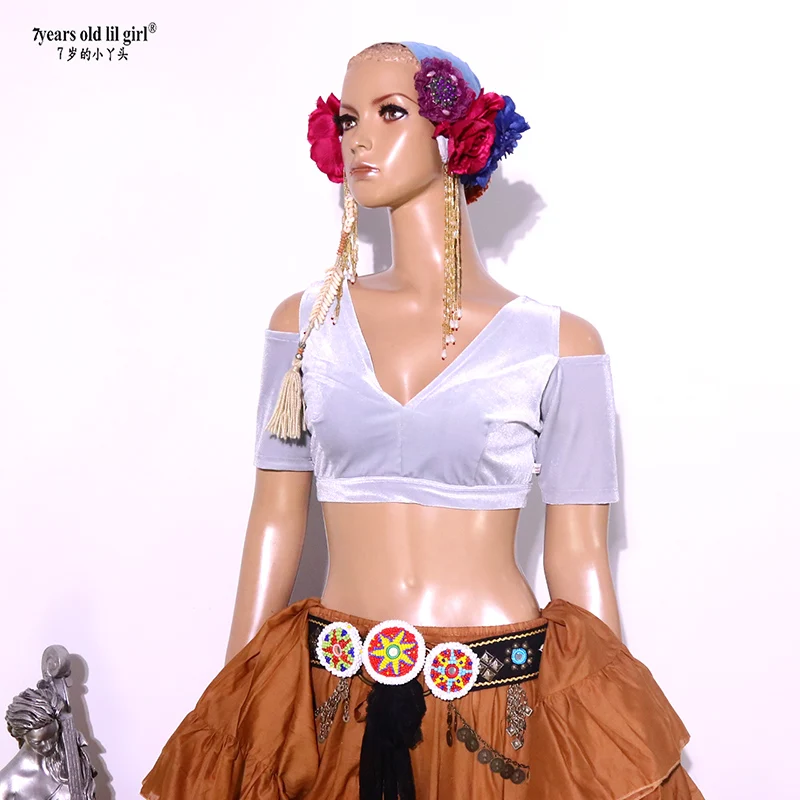 Dança do ventre dança veludo gordura chance tribal choli traje curto manga gota topo cjj58