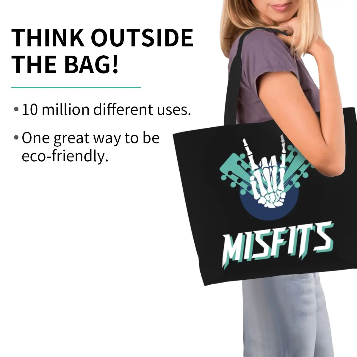 Reusable Rock Band Misfits Skull Shopping Bag Women Shoulder Canvas Tote Bag Portable Heavy Metal Grocery Shopper Bags