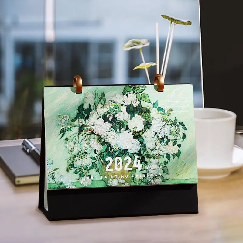 ภาพวาดสีน้ํามันตารางปฏิทิน 2024 โต๊ะDesktop Decorน่ารักกระดาษPerencanaanสํานักงานเครื่องเขียนอุปกรณ์สํานักงาน