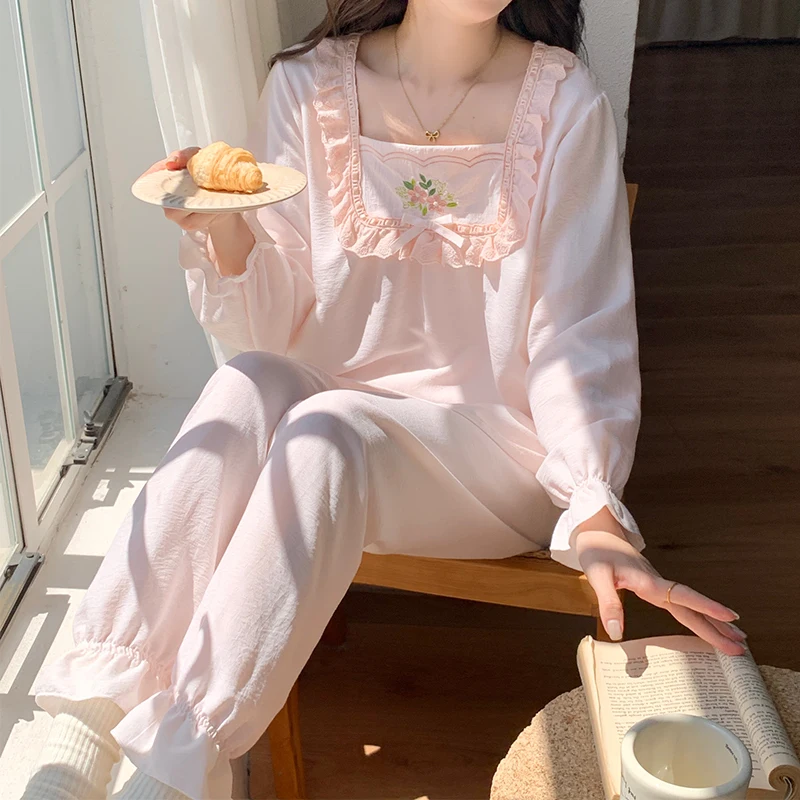 Pajama Sets Women Long Sleeve Pink Bow Autumn Sweet Sleepwear Princess Soft Comfortable Loungewear Tender Girlish Cozy Homewear