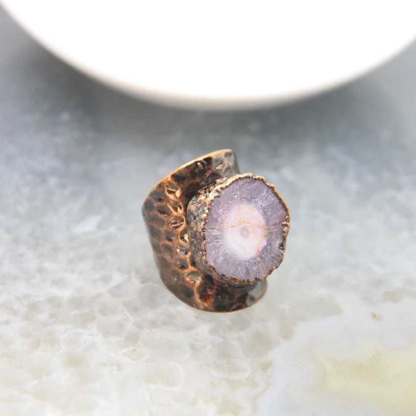 Natural Geode Sun Flower Rings,Solar Quartz Druzy Agate Adjustable Bronze Rings,Healing Quartz Party Finger Rings Jewelry