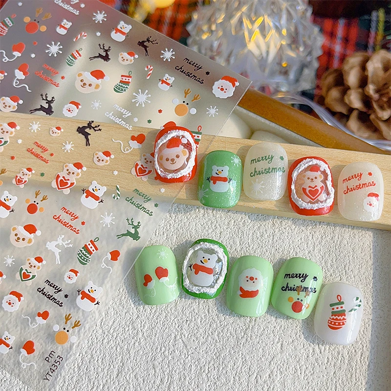 Christmas Santa Claus Elk Snowman Nail Art Stickers Cartoon Cute Nail Decor Decals Xmas Adhesive Manicure Stickers Gifts 1pc