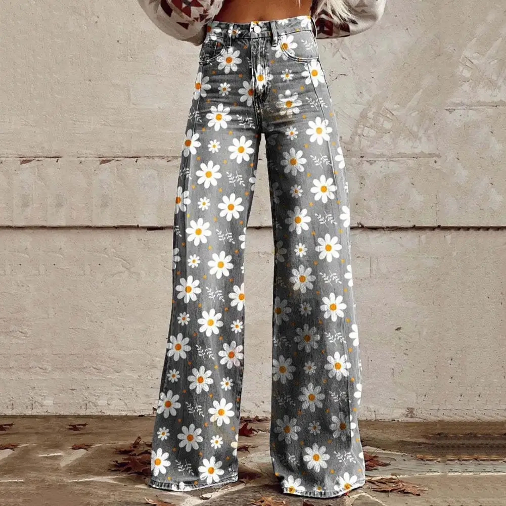 Women Pants Retro High Waist Button Zipper Fly Pockets Long Trousers Digital Floral Print Distressed Straight Wide Leg Pants