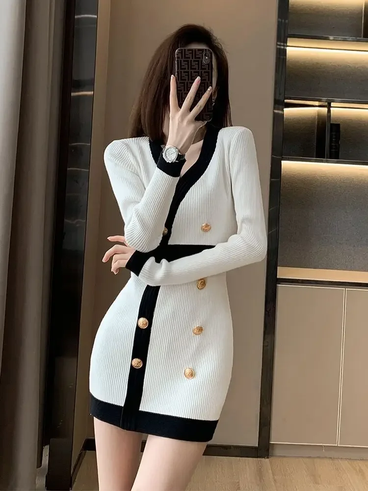 

New in Elegant Chic Autumn and Winter Female Knit Dress Color Matching V Neck Bodycon Short Women's Crochet Dresses Extreme Mini