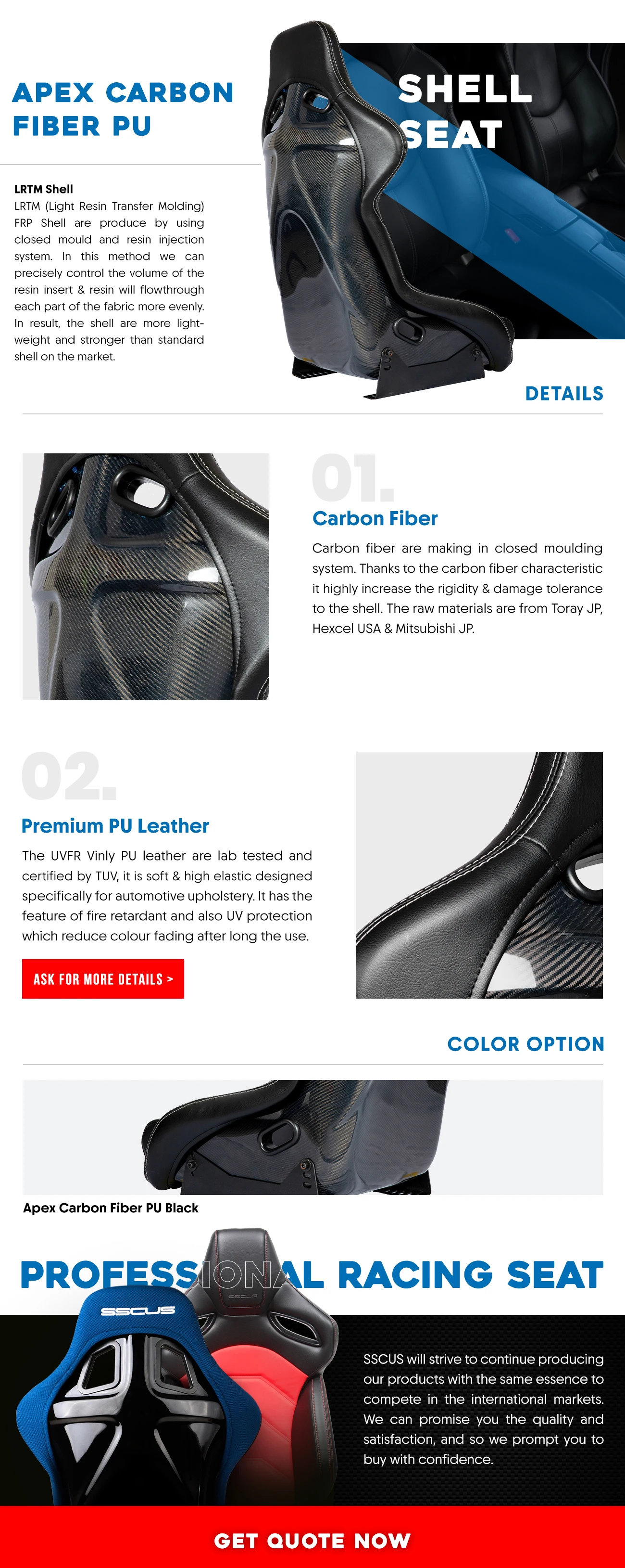 يقدم مقعد السيارة الرياضي الفاخر من ألياف الكربون Apex خفيف الوزن من ألياف الكربون PU بملمس فاخر وأنيق #6