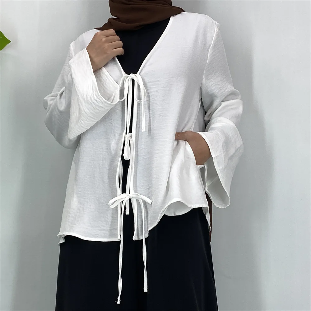 

Ramadan Muslim Women's Casual Long Sleeve Lace-Up Bow Shirts Abaya Dubai Kaftan Islam Clothing Eid Femme Blouse Kimono Outfits
