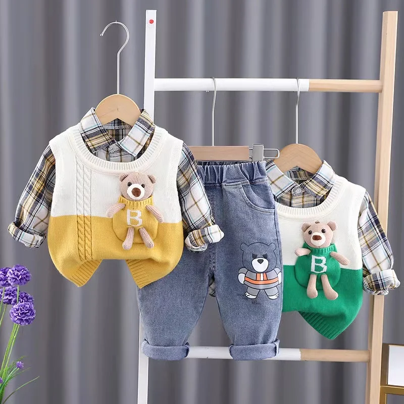 

Spring and Autumn Baby Boys Clothing Set New Children's Sweater Vest Shirt Pants 3-piece Set Kids Outfits 6M 2T 3T 4T 5T