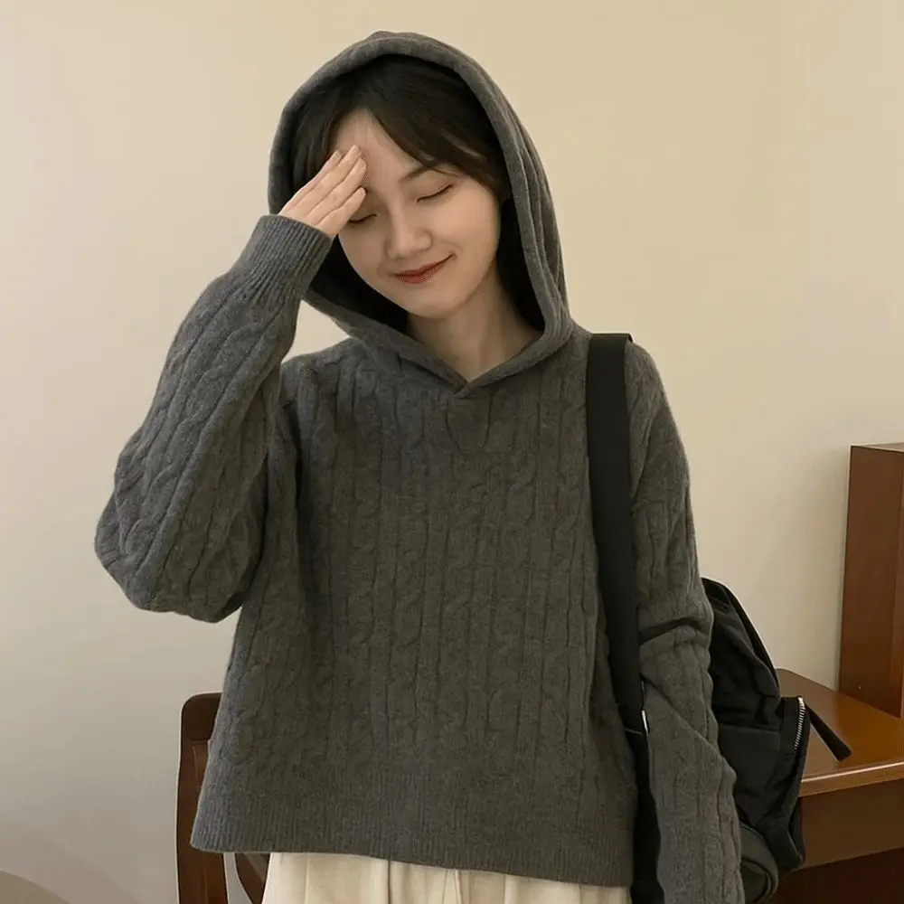 

Aesthetic Long Sleeve Knitted Hoodies Pullover Casual Hooded Sweatshirts Loose Simple Hooded Knitted Sweater School Student