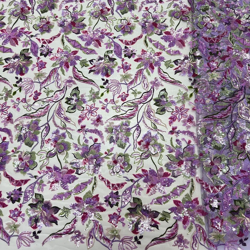 French luxurious lace mesh fabric, African high-quality peony beads, leaf and sequin embroidered lace fabric sewn fabric dress