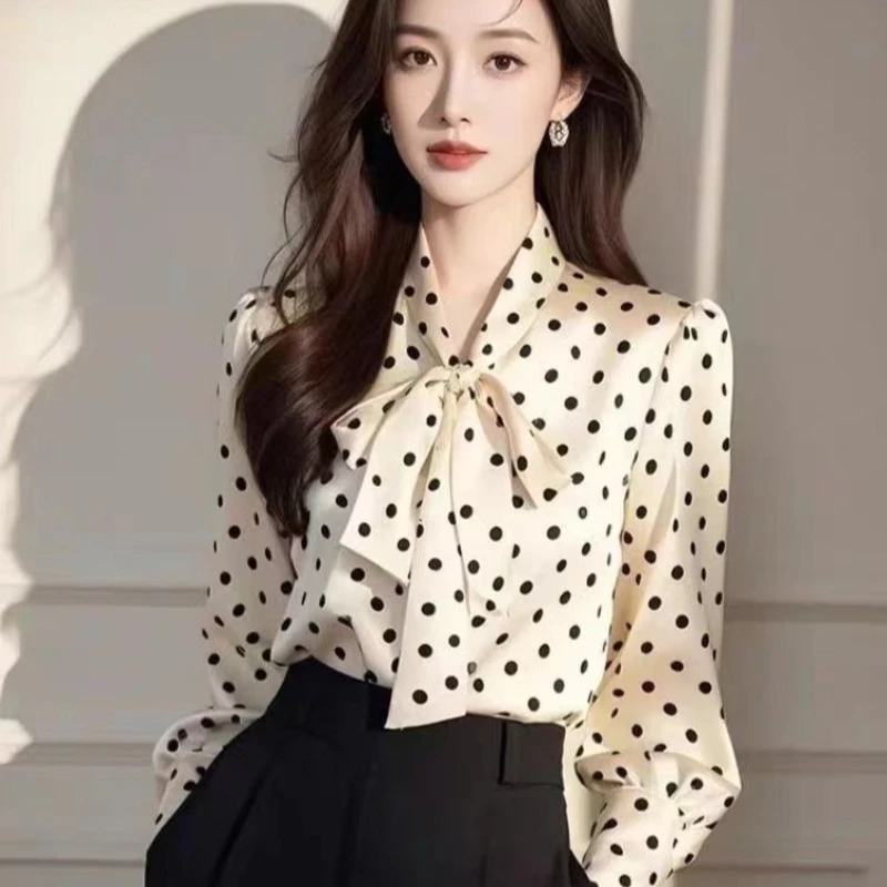 빈티지 여성 블라우스 캐주얼 물방울 무늬 탑 패션 루즈 여름 프렌치 의류 긴 소매 한국식 리본 여성 셔츠