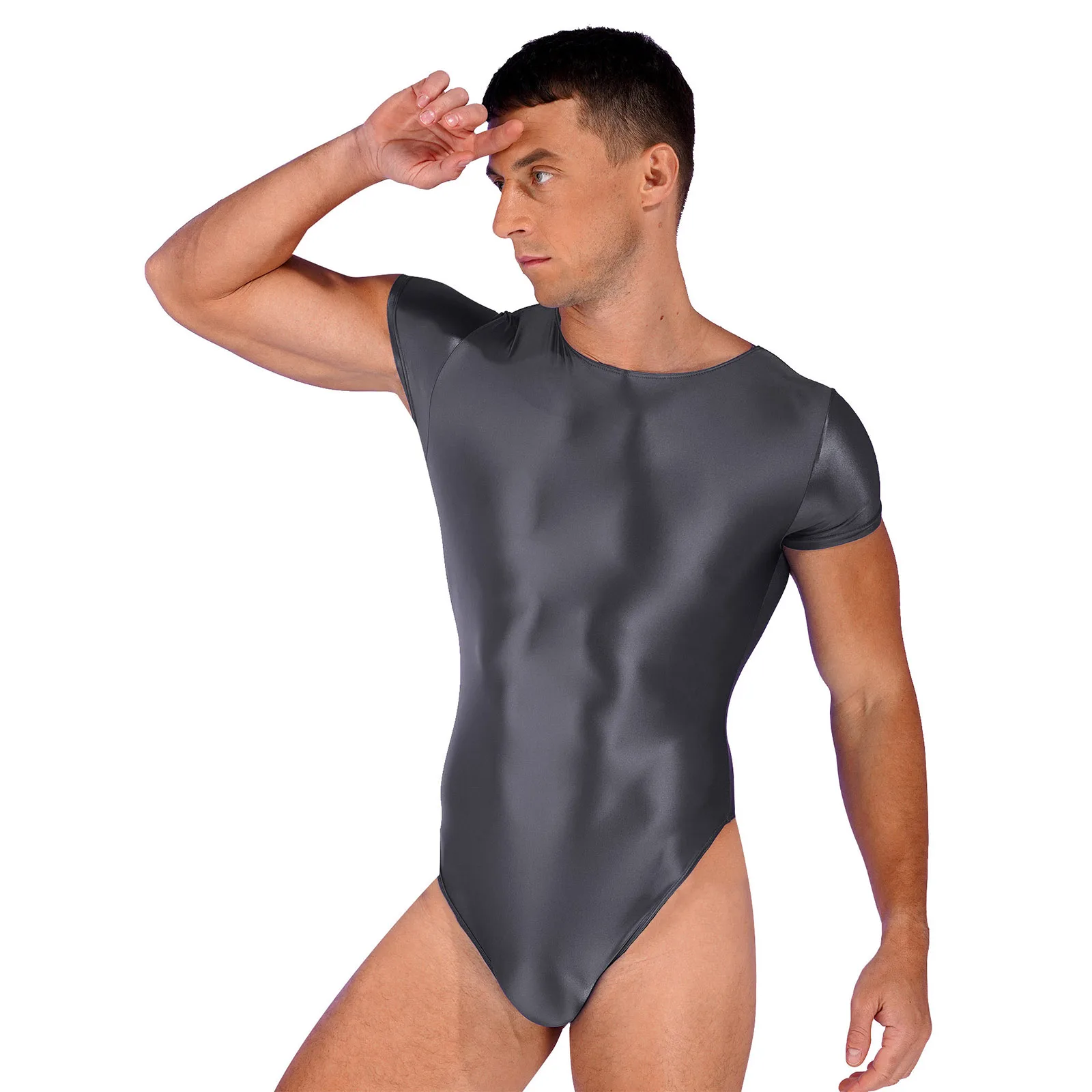 #L-XL Mens Glossy Short Sleeve Leotard One Piece Swimming Bodysuit High Cut Stretchy Swimwear Sportswear Jumpsuits