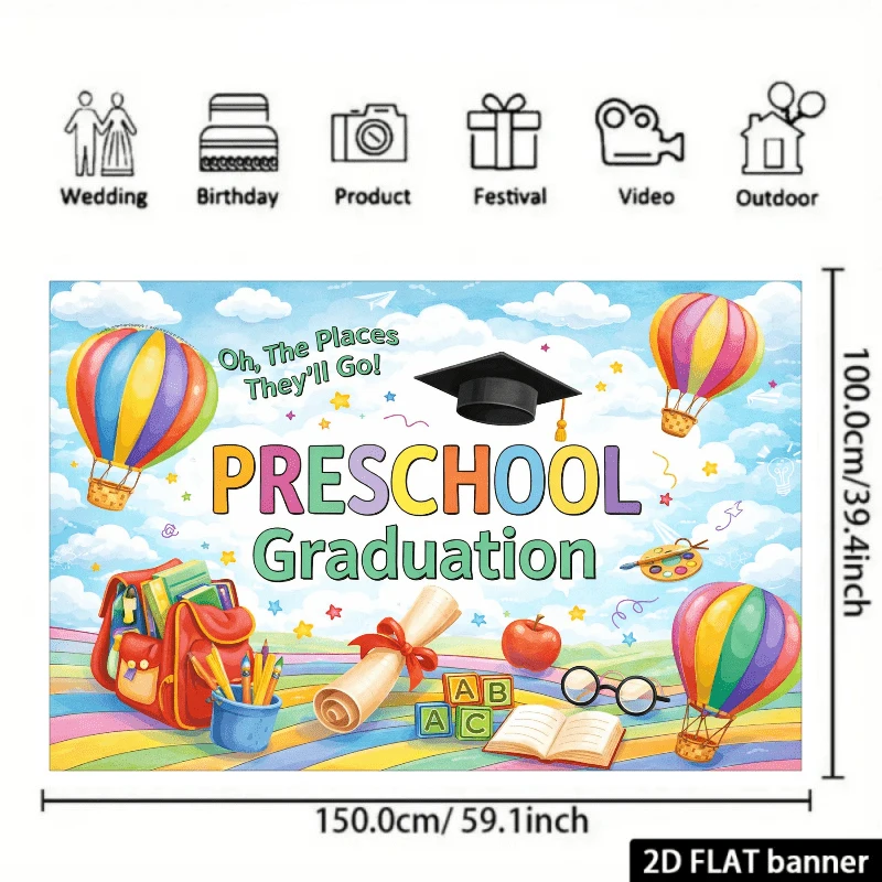 VIKAMA Rainbow Hot Air Balloon Tapestry, Graduation Party Backdrop Wall Decor for Preschool, Indoor Outdoor Photography