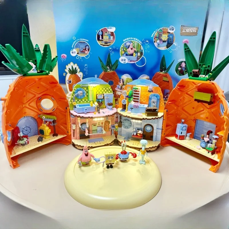 New Original Yellow Sponge Cartoon Krusty Krab Restaurant Creative Canteen Scenes Model Bricks Desktop Ornament Toy For Kid Gift