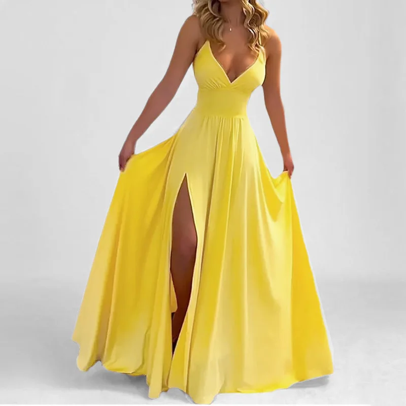 2025 Summer Women's Fashionable Long V-neck Backless Suspender Dress Women's Dress Sleeveless Split Design Elegant Party Dress