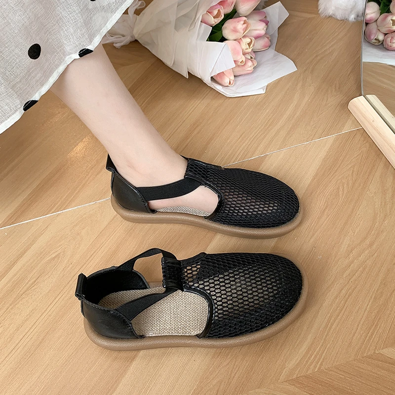 2023. Sandały damskie Hollow Breathable Mesh Shoes Retro Style Flat Bottom Fisherman Casual Shoes Round Toe Soft Sole Female Shoes