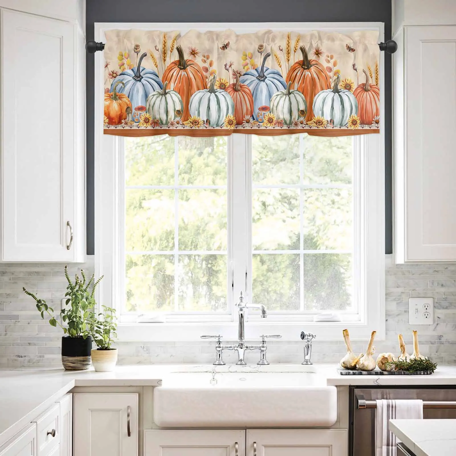 

1PCS Kitchen Short Curtain Valance Autumn Thanksgiving Harvest Rod Pocket Window Home Decoration