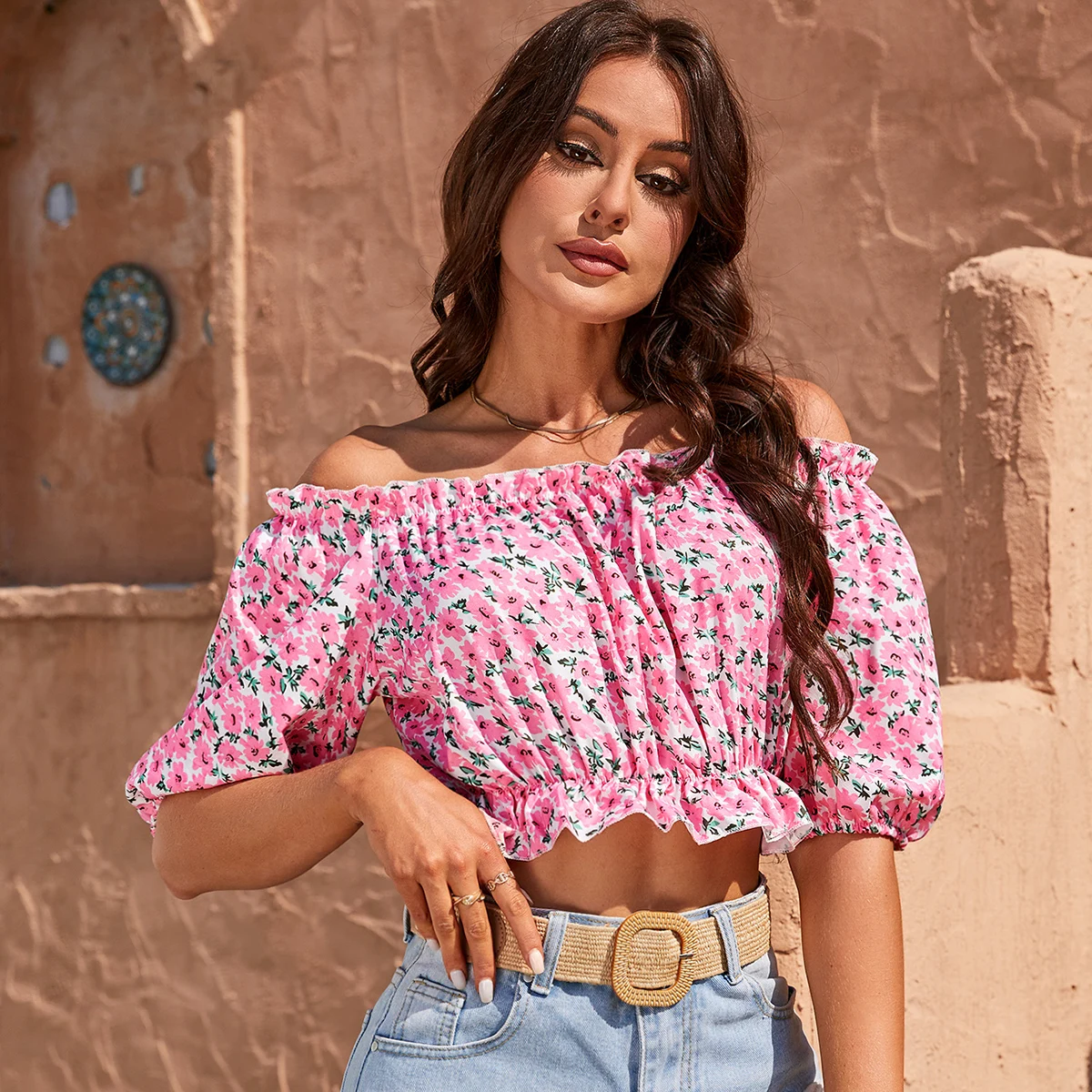 Fashion Floral Lantern Sleeve Casual Shirt For Women Summer Vacation Elastic Off Shoulder Crop Tops Beach Style