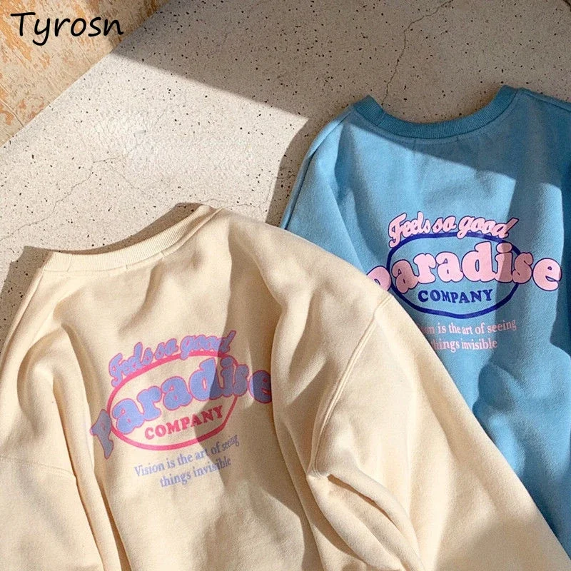 

Толстовки без шляпы, женские свободные толстовки с круглым вырезом, простые, универсальные, милый дизайн, толстовки с буквенным принтом, корейская мода, плотная верхняя одежда Mujer