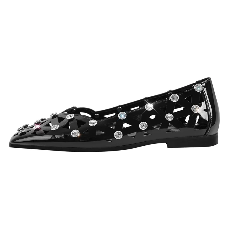 Onlymaker Woman Rhinestone Hollow Square Toe Flats Slip On Black Fashion Daily Flat Shoes