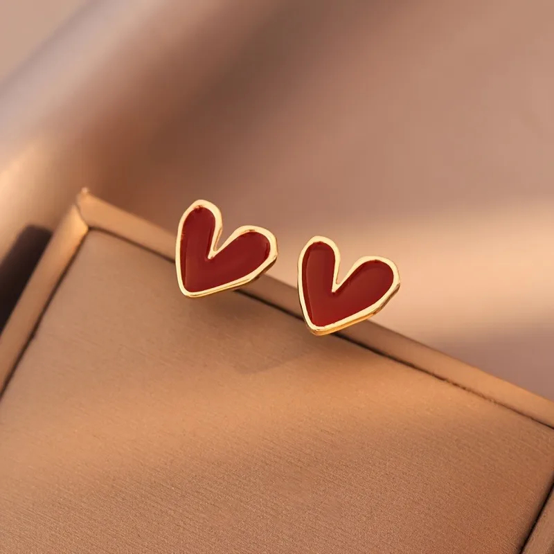 Wine Red Love Stud Earrings Female Temperament Niche Earrings Ins Retro Little Peach Heart Earrings Ear Jewelry