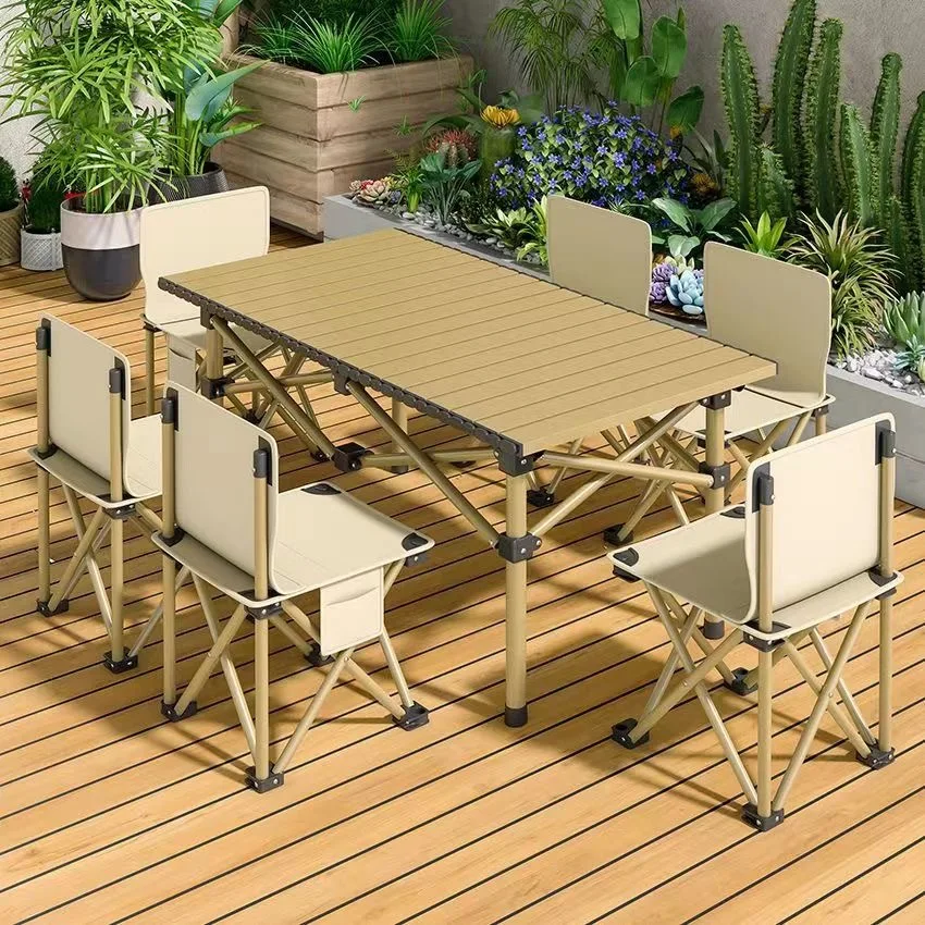 Outdoor steel folding dining table and chairs - lightweight and portable square modern design 6-seat outdoor camping furniture