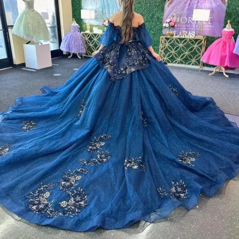 Vestido de fiesta azul marino con hombros descubiertos, vestidos de quinceañera brillantes, apliques de princesa dulce 16, vestidos de graduación con cuentas de encaje personalizados