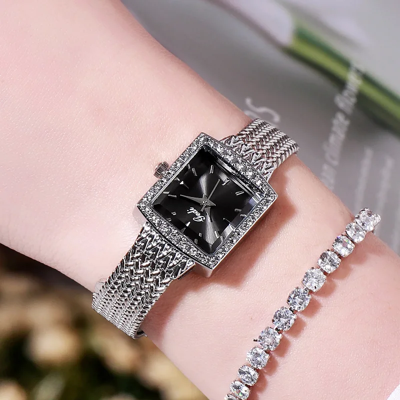 2024 Fashion Gedit Top Brand Mesh Steel Retro Square Women\'s Luxurious Diamond Inlaid High-end Sense Quartz Gifts Wrist Watches