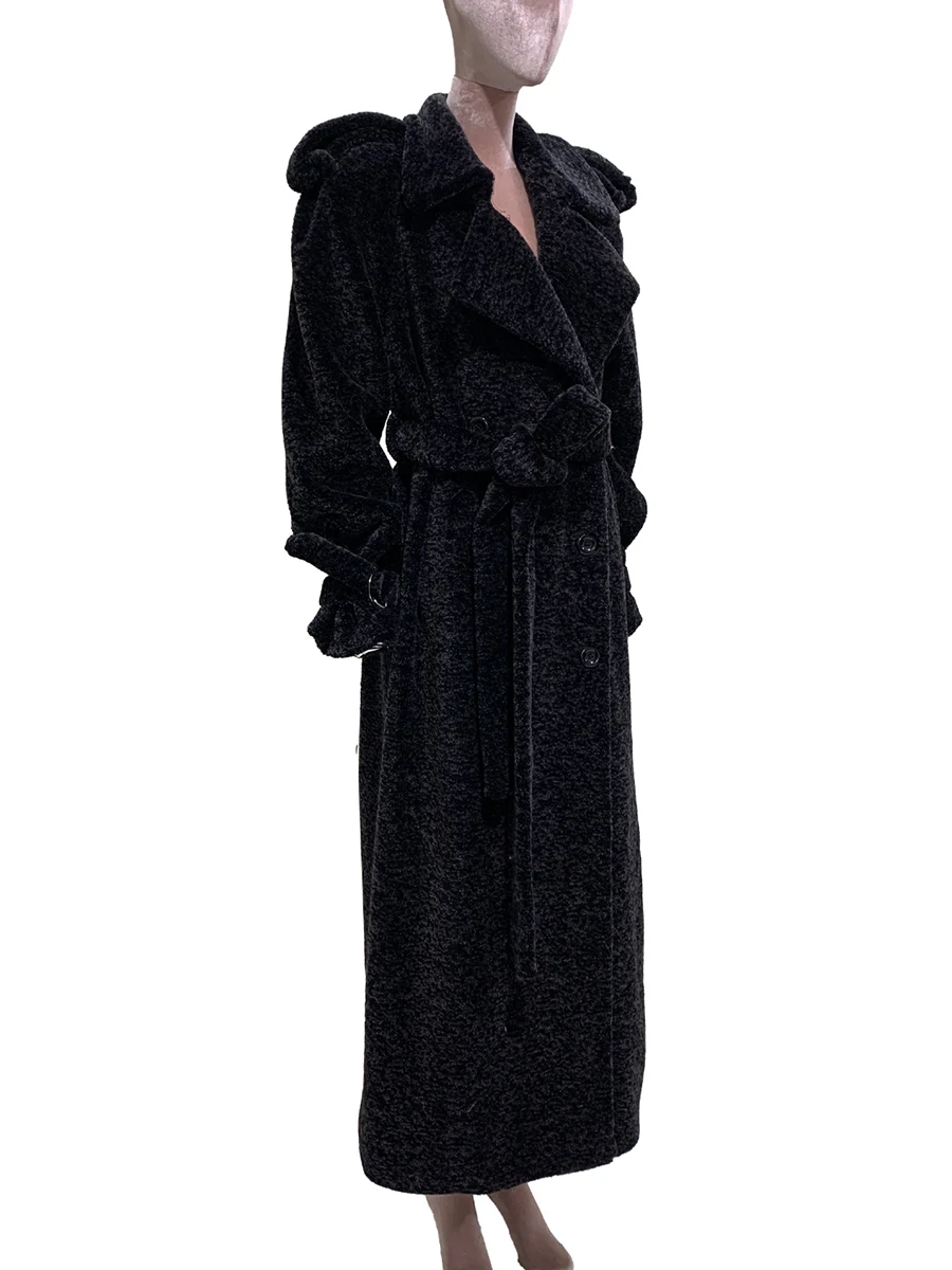 Nerazzurri Autumn Winter Extra Long Oversized Thick Warm 100% Wool Coat  Women Shoulder Pads Belt Luxury Chic Fluffy Overcoat