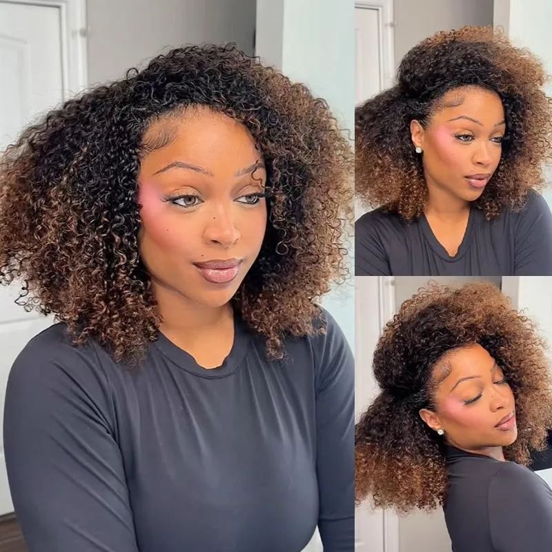 

250% 3 In 1 Half Wigs Human Hair Afro Fluffy Kinky Curly Balayage Highlight Ombre Brown 3/4 Half Wig Drawstring Seamless Flip