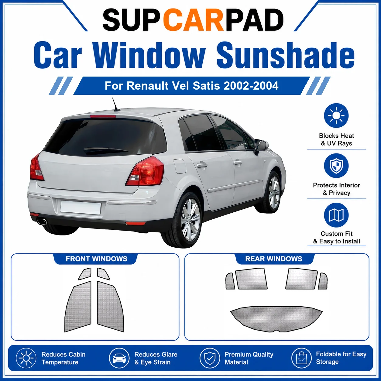 Для Renault - Renault Vel Satis 2002-2004: Полный комплект солнцезащитных шторок для окон автомобиля, блокирующих УФ-излучение, обеспечивающих конфиденциальность, теплоизоляцию, складные автомобильные шторки.