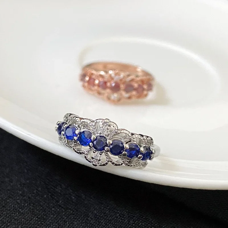 

MDL Moissanite Style New High Feeling Colored Gemstones Women 18K Plated Retro Design Row Ring Faux Sri Lankan Sapphire Ring