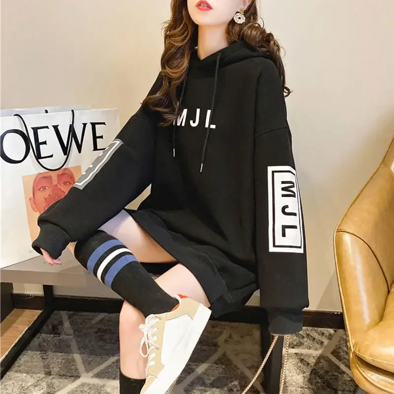 Woman Clothing Baggy Top Text Loose Hooded Long Women's Sweatshirt Yellow Letter Hoodies Printing Harajuku Fashion Y2k Style Emo