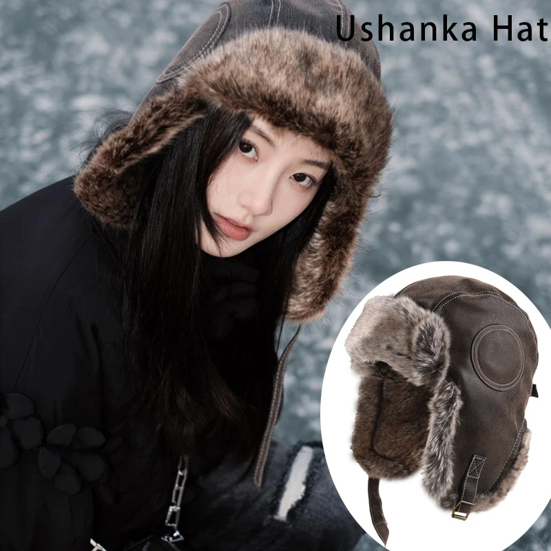 

Роскошная толстая аутентичная шапка-ушанка из искусственной кожи, плюшевые флисовые откидные ушанки, мужская мотоциклетная шапка-траппер, женская кепка-авиатор