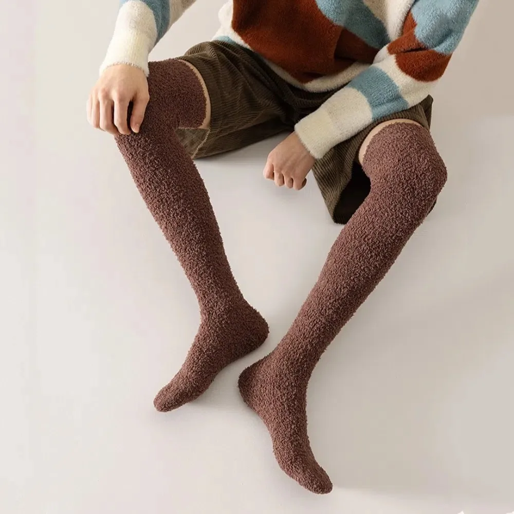 

Мягкие шерстяные носки из кораллового флиса, утепленные противоскользящие носки-тапочки, плюшевые чулки до бедра JK для девочек