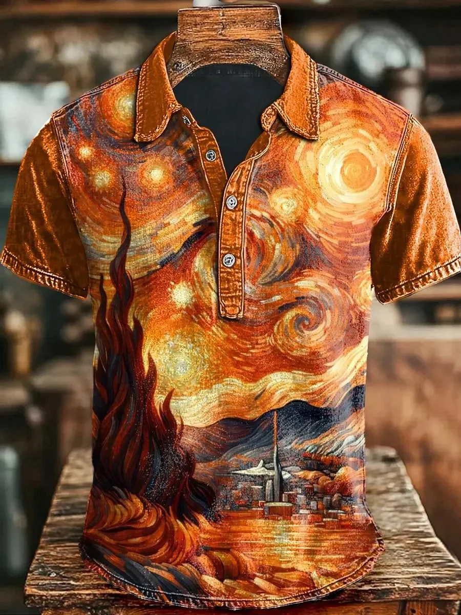 New Bohemian Style Short Sleeved Polo Shirt with Yellow and Blue Gradient Mandala Print Loose Casual Shirt