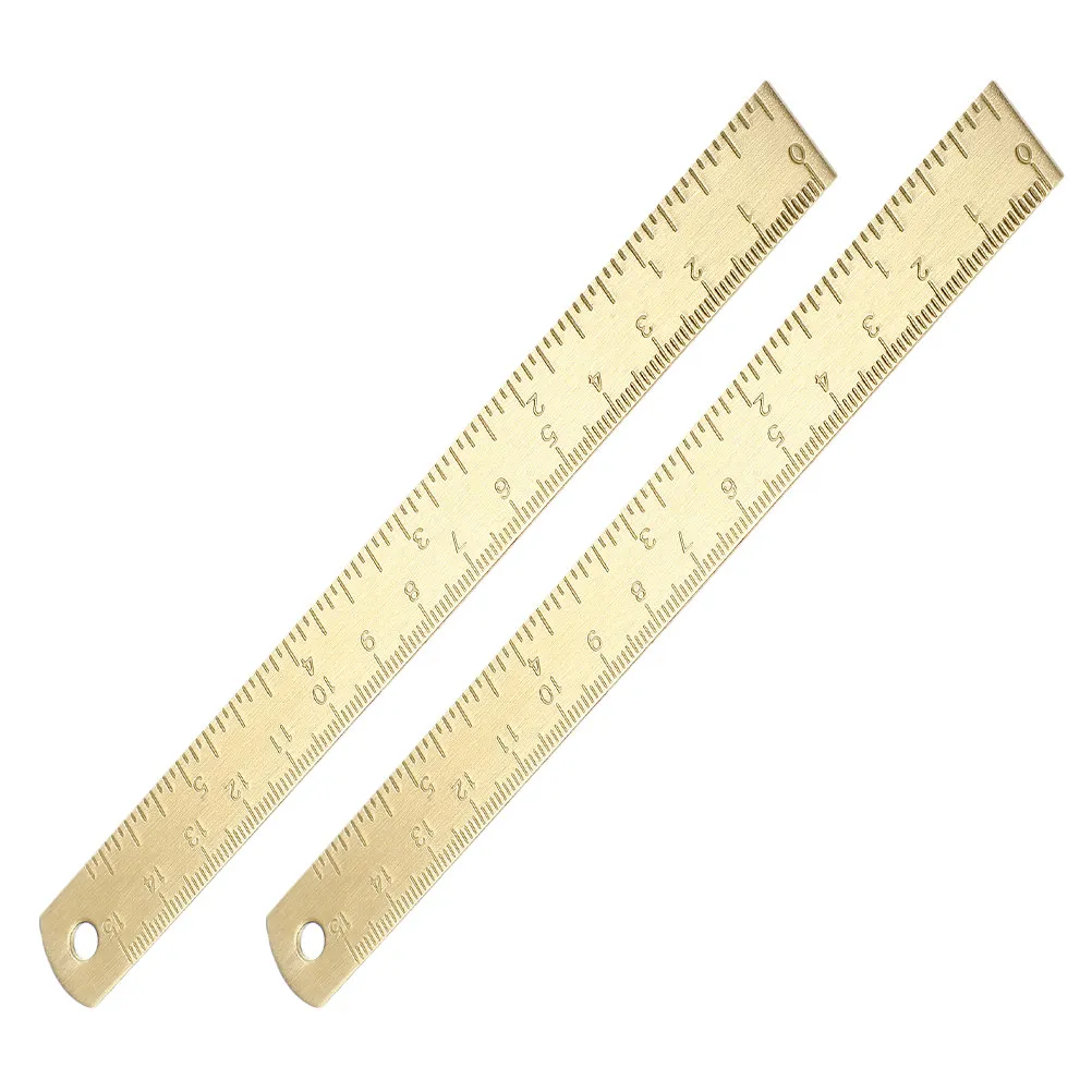 2Pcs Pocket Ruler Brass Gold Tone Dual Scale Engraved Measuring Tool Sewing Drafting Stationery Bookmark Planner Notebook