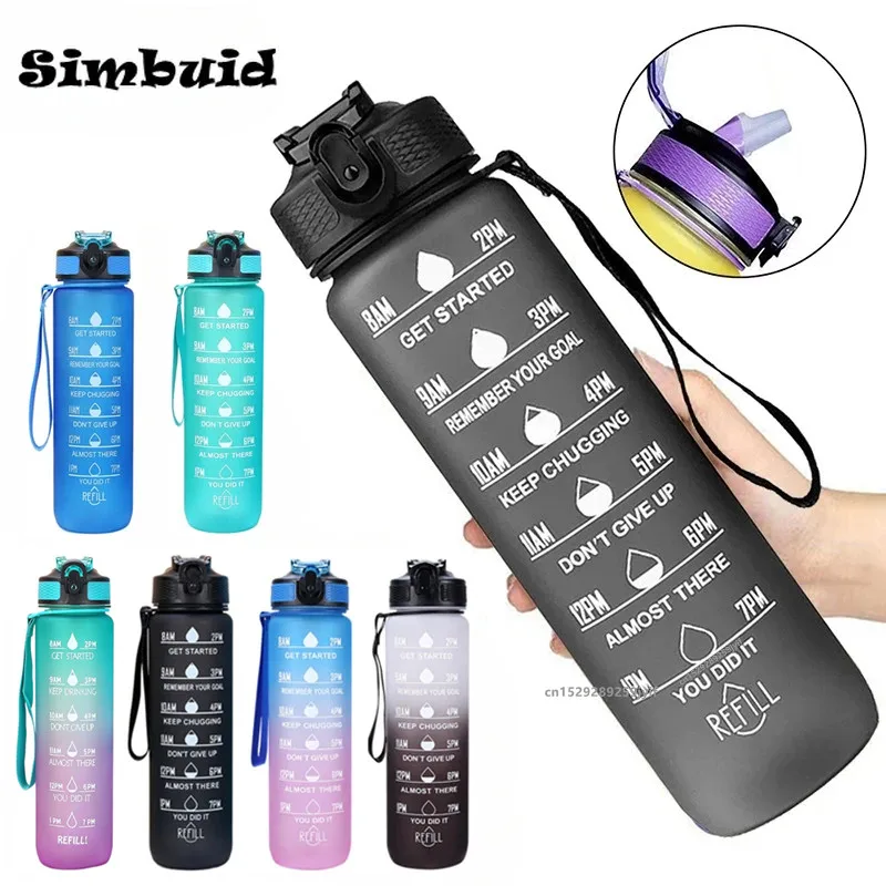 1 Liter Large Capacity Sports Water Bottle with Time-Tracking Straw Leak Proof Locking Flip Cover for Outdoor Fitness