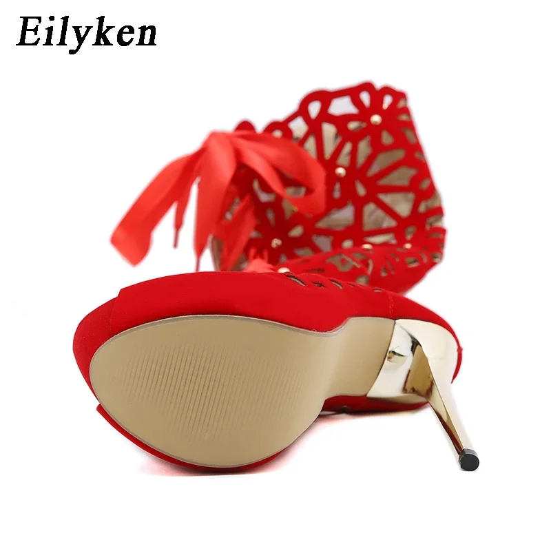 EilyKen Ankle Lace-up Open Toe Flowers Women Boots Sandals Sexy Big Red Wedding Party High Heels Ladies Fashion Shoes - view 5