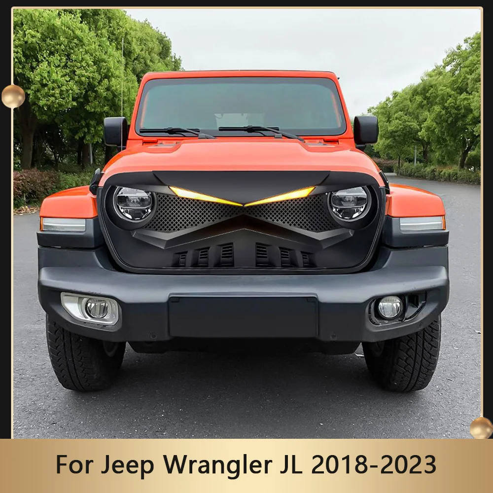 Car Grille Matte Black For Jeep Wrangler JL 2018-2023 Knight Lamp Eyebrow Style Guard Grid Front Bumper Grill Racing Grills