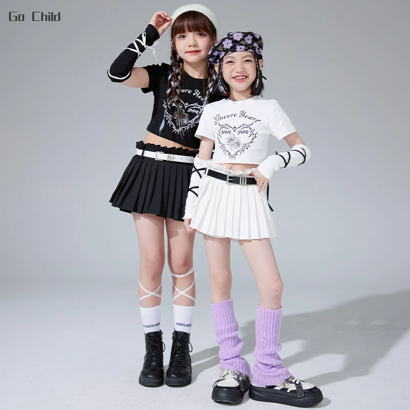 Kids Hip Hop Crop Top Oversleeve Pleated Skirt Girls Tee Street Dance Shorts Jazz Sweet Costumes Children Streetwear Clothes Set