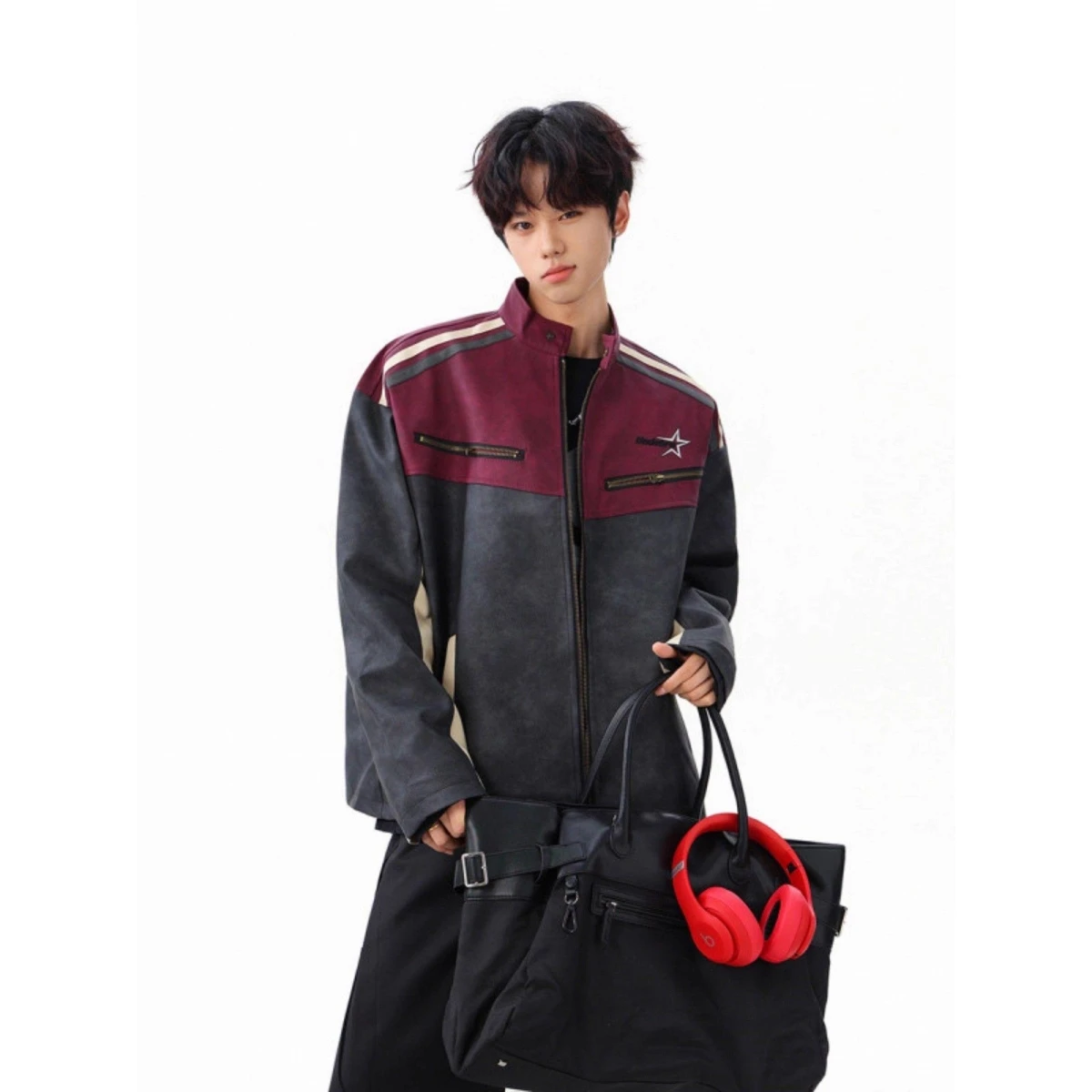Retro American PU Leather Biker Jacket Men's Women's High-End Feel Autumn Cool Stand Collar Vest Top Splice Design Long Sleeve