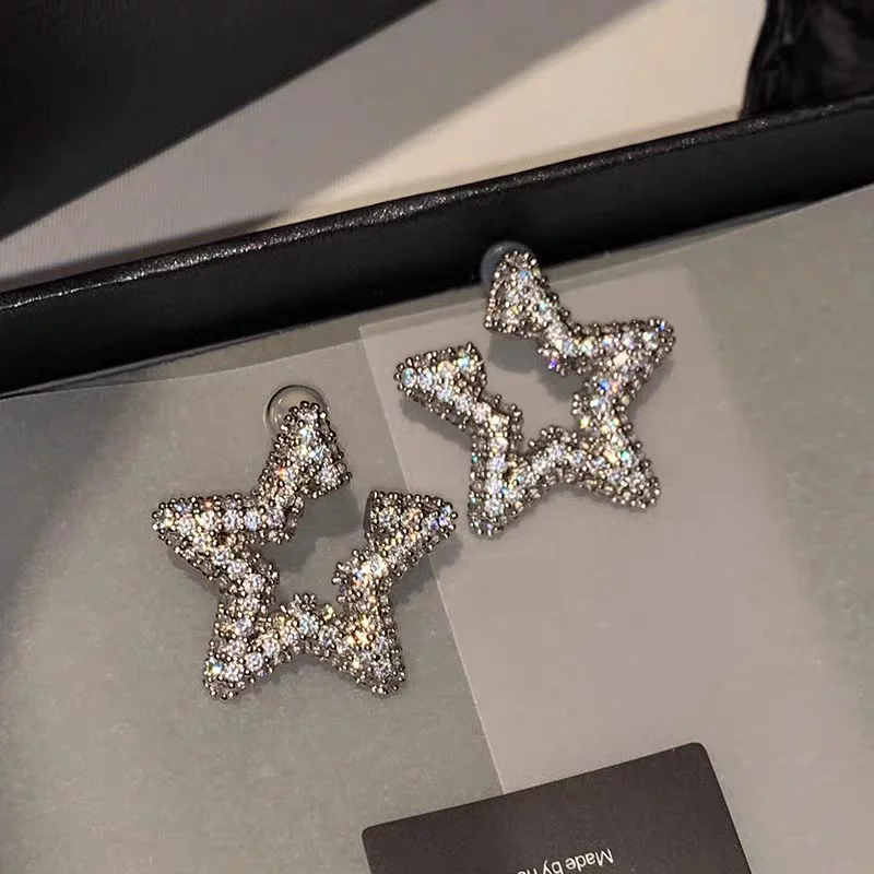 Brass Rhinestoned Star Stud Earrings Women Jewelry Punk Party T Show Gown Runway Trendy  Korean Japan INS