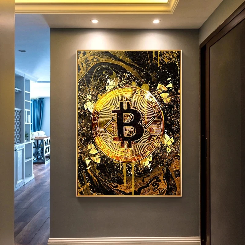 Golden Bitcoin Money Art Abstract Posters and Prints Wall Art Canvas Paintings Wall Pictures for Living Room Home Decor Cuadros