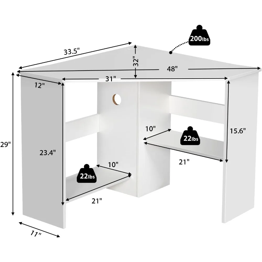 White Corner Desk 90 Degrees Triangle for Computer, Small Space, Bedroom, Makeup Vanity Desk with Storage Shelves CPU Stand