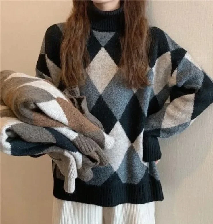 

Lazy Sweater Women's Autumn/winter Loose-fit Polo/turtle Neck Rhombus Thickened Top