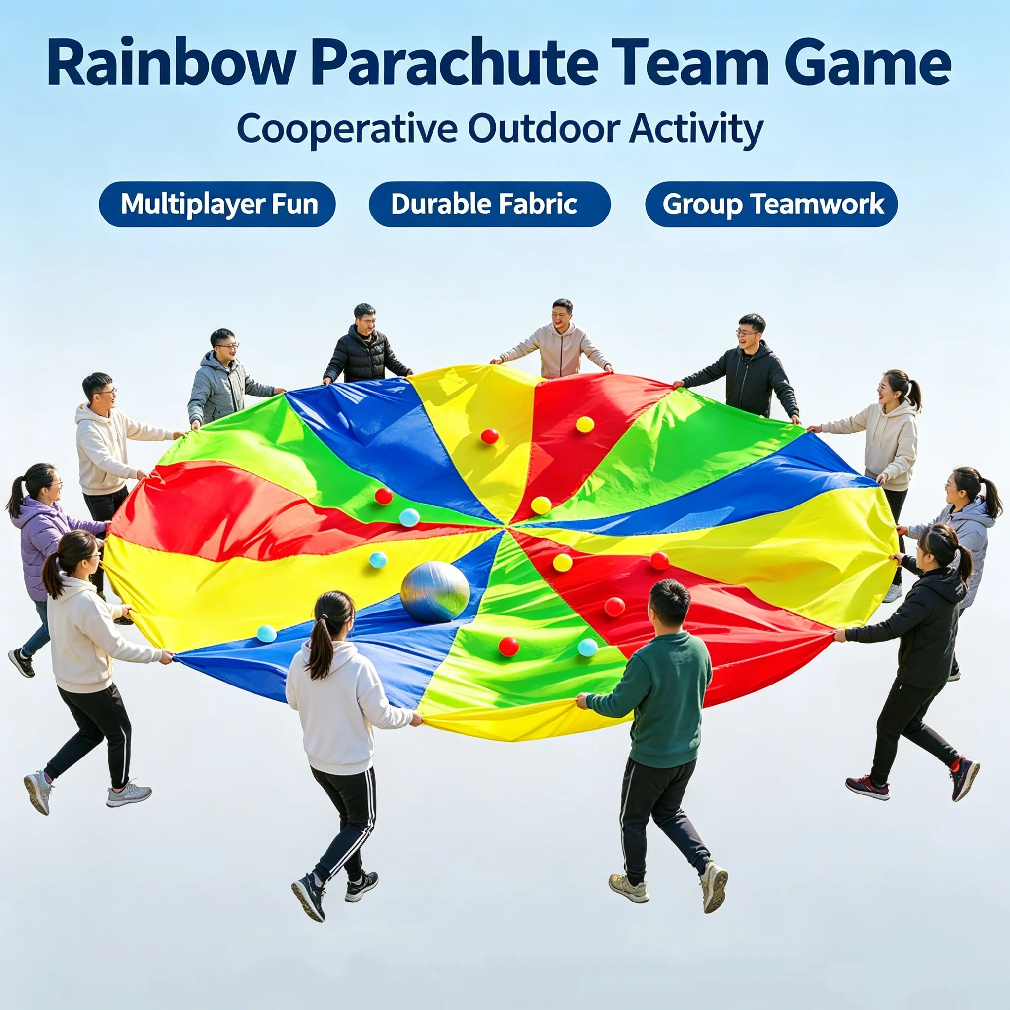 Parachute de jeu arc-en-ciel multijoueur pour activités de plein air, jeu d'équipe, coopération pour enfants, camping, maternelle, fête sportive, petit cadeau