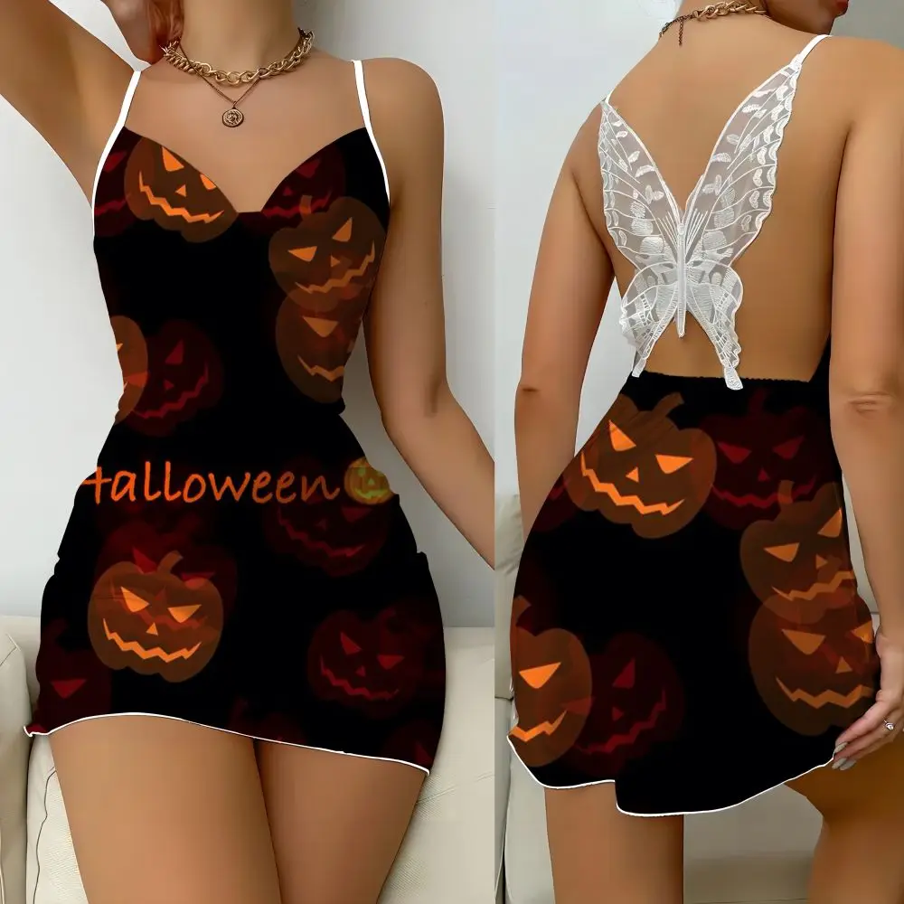 2024 Skull Horror Backless Dress Silk Face Party Dress Halloween Pumpkin Series Printed butterfly decorated lazy pyjamas sheath