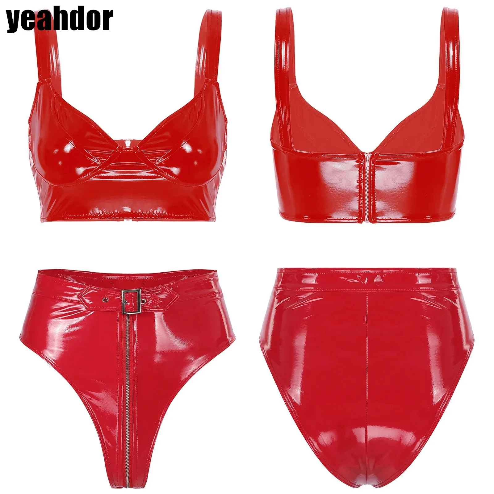 

Womens Wet Look Patent Leather Lingerie Set Wireless V Neck Bra Top with High Waist Zipper Crotch Briefs Sexy Clubwear